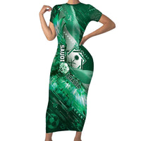 Custom Saudi Arabia Football Short Sleeve Bodycon Dress Eagle With Desert Glitch Cyberpunk Art