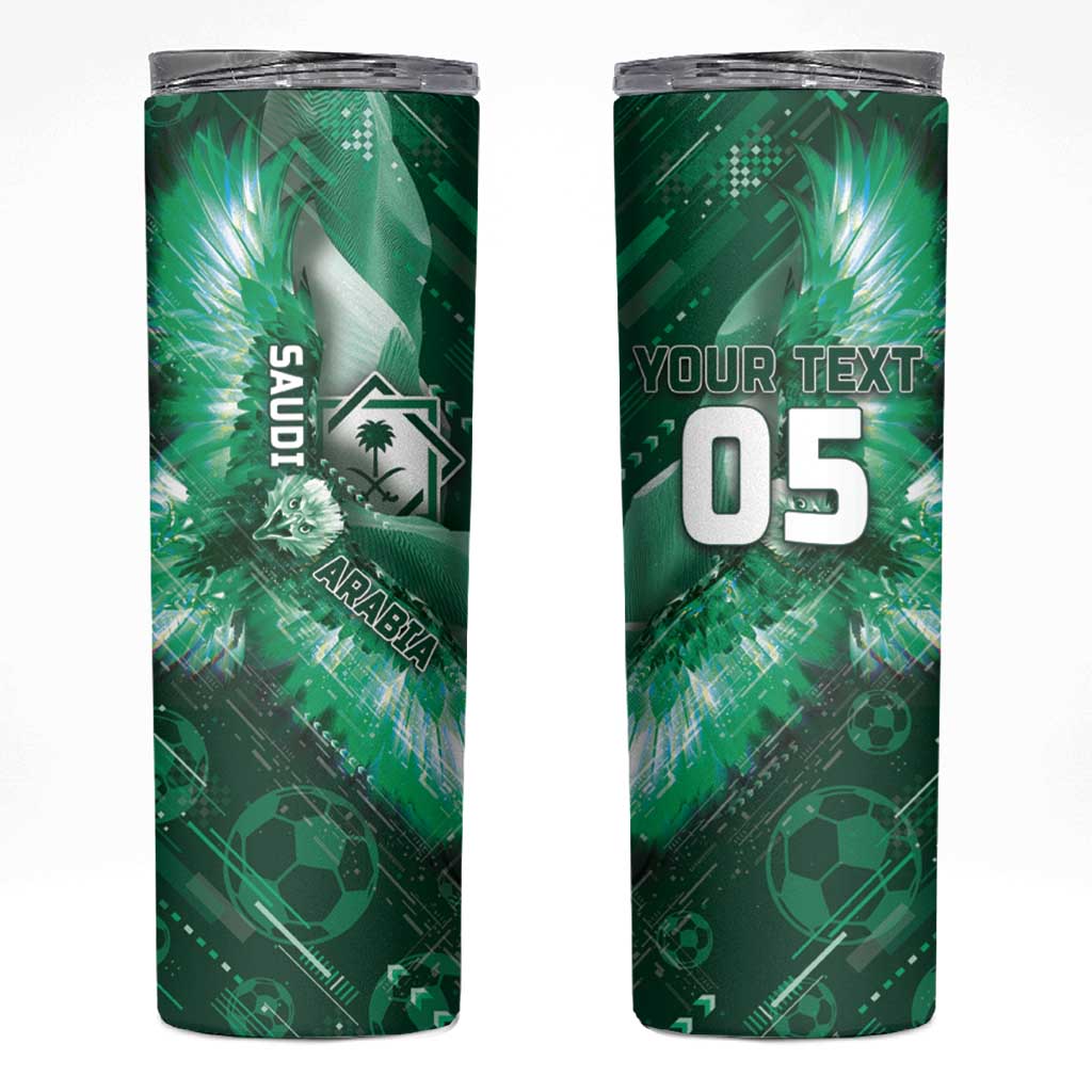 Custom Saudi Arabia Football Skinny Tumbler Eagle With Desert Glitch Cyberpunk Art