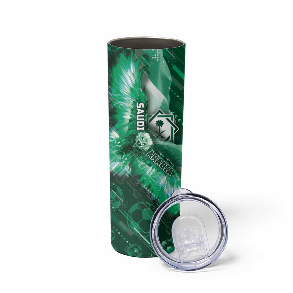 Custom Saudi Arabia Football Skinny Tumbler Eagle With Desert Glitch Cyberpunk Art