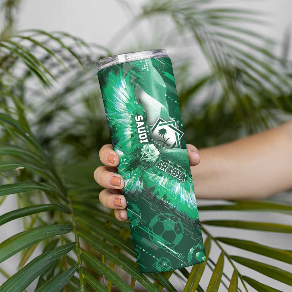 Custom Saudi Arabia Football Skinny Tumbler Eagle With Desert Glitch Cyberpunk Art