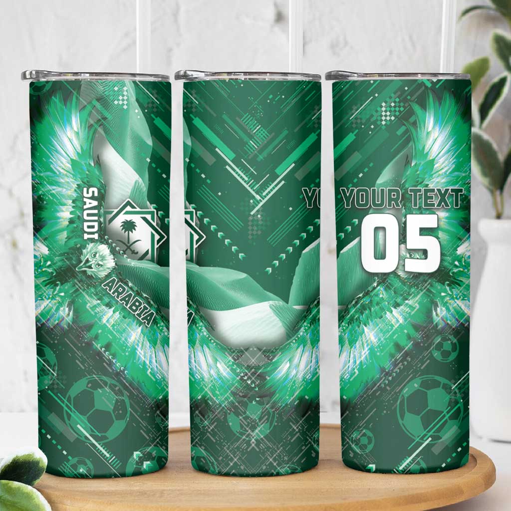 Custom Saudi Arabia Football Skinny Tumbler Eagle With Desert Glitch Cyberpunk Art