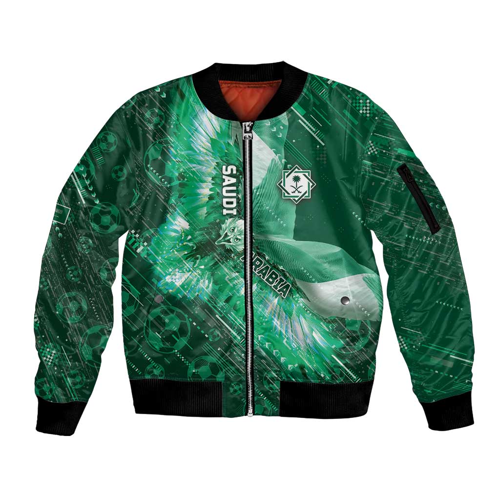 Custom Saudi Arabia Football Sleeve Zip Bomber Jacket Eagle With Desert Glitch Cyberpunk Art