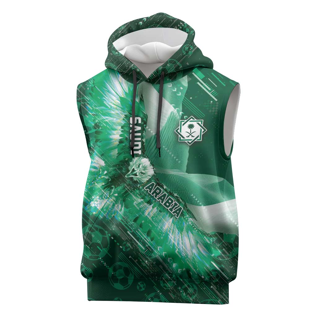 Custom Saudi Arabia Football Sleeveless Hoodie Eagle With Desert Glitch Cyberpunk Art