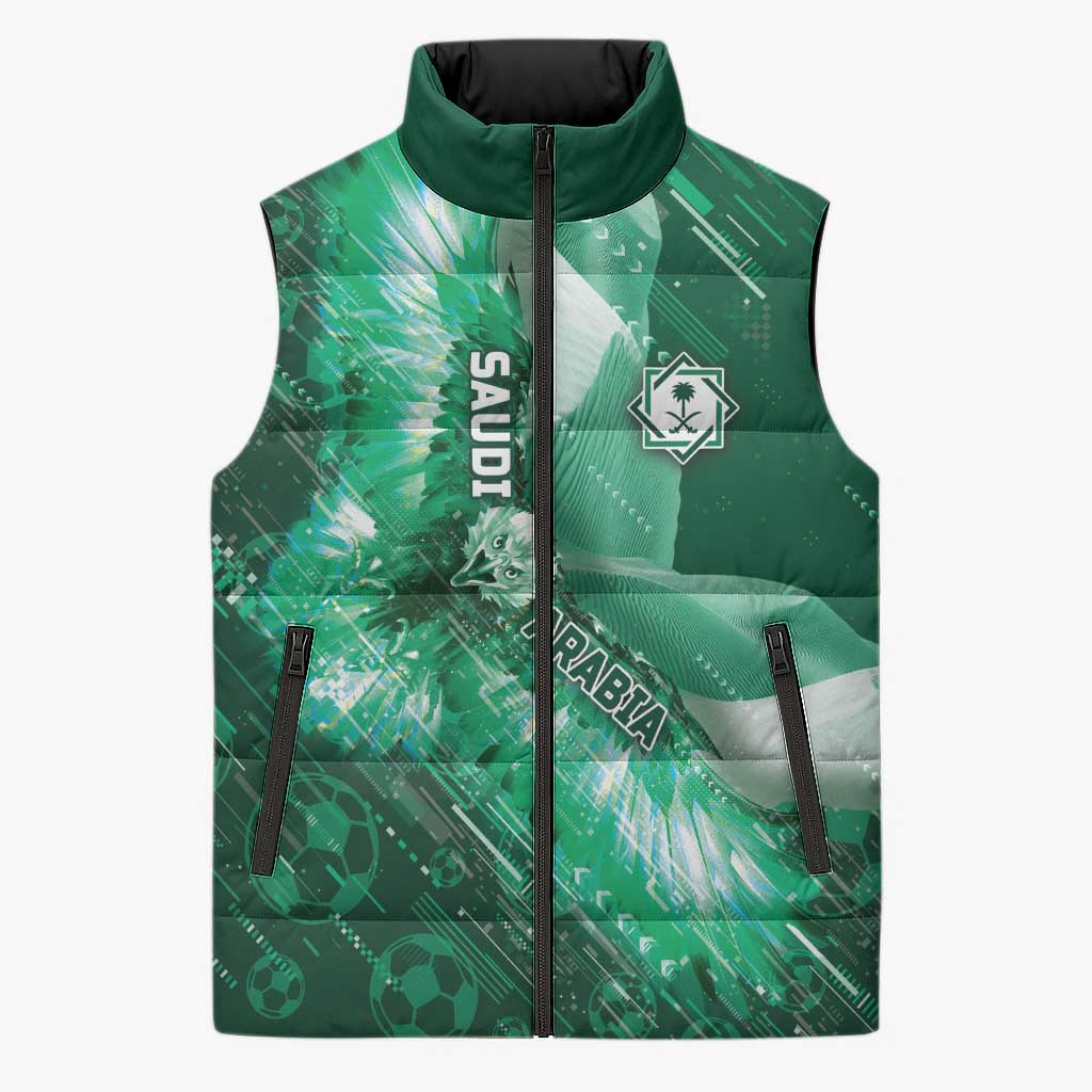 Custom Saudi Arabia Football Sleeveless Puffer Jacket Eagle With Desert Glitch Cyberpunk Art