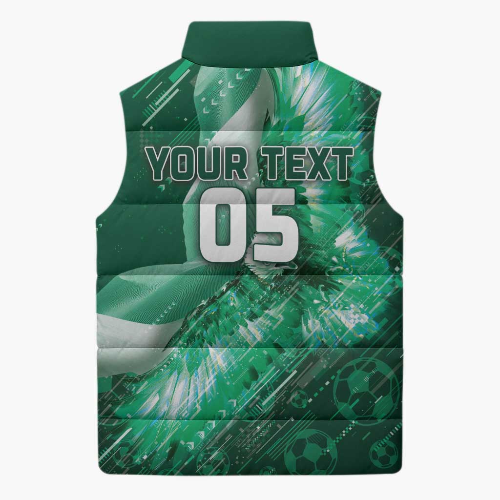 Custom Saudi Arabia Football Sleeveless Puffer Jacket Eagle With Desert Glitch Cyberpunk Art