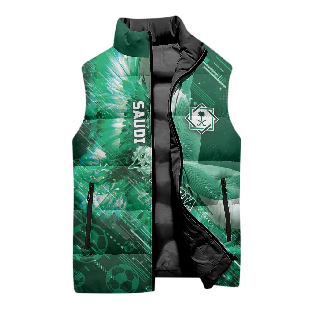 Custom Saudi Arabia Football Sleeveless Puffer Jacket Eagle With Desert Glitch Cyberpunk Art
