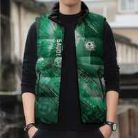 Custom Saudi Arabia Football Sleeveless Puffer Jacket Eagle With Desert Glitch Cyberpunk Art