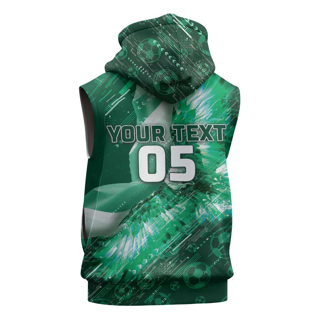 Custom Saudi Arabia Football Sleeveless Zip Hoodie Eagle With Desert Glitch Cyberpunk Art