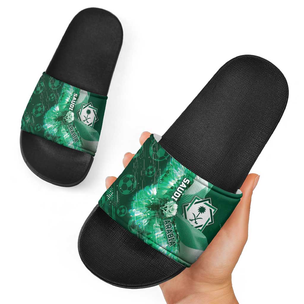 Saudi Arabia Football Slide Sandals Eagle With Desert Glitch Cyberpunk Art
