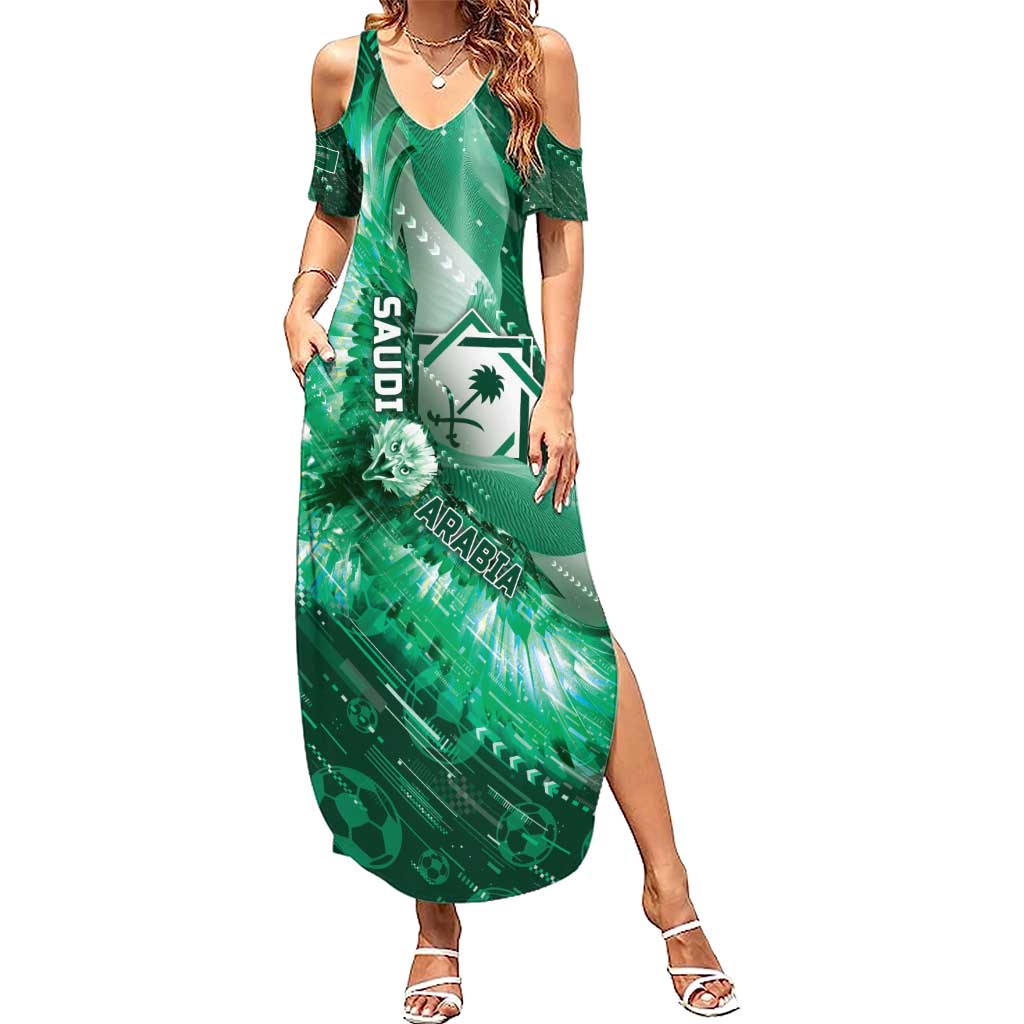 Custom Saudi Arabia Football Summer Maxi Dress Eagle With Desert Glitch Cyberpunk Art
