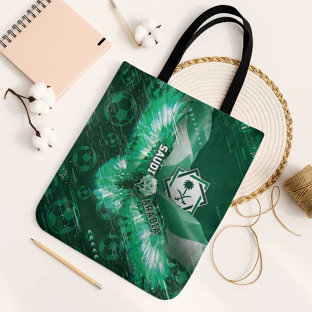Saudi Arabia Football Tote Bag Eagle With Desert Glitch Cyberpunk Art