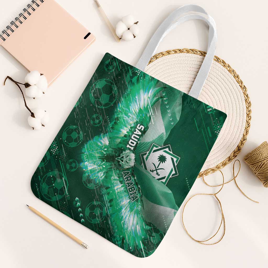 Saudi Arabia Football Tote Bag Eagle With Desert Glitch Cyberpunk Art