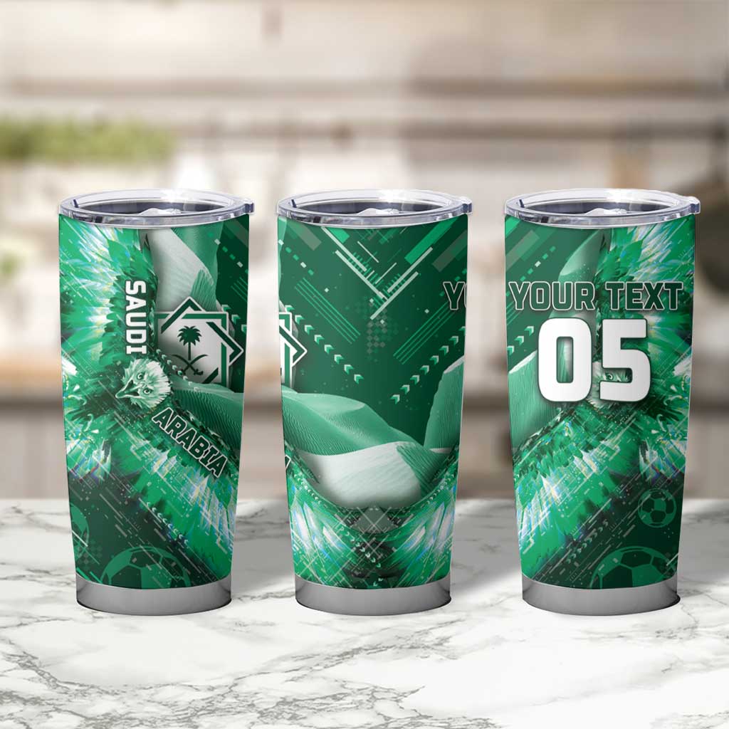 Custom Saudi Arabia Football Tumbler Cup Eagle With Desert Glitch Cyberpunk Art