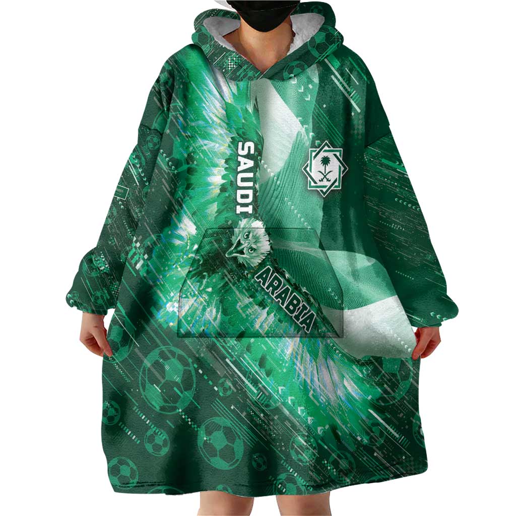 Custom Saudi Arabia Football Wearable Blanket Hoodie Eagle With Desert Glitch Cyberpunk Art