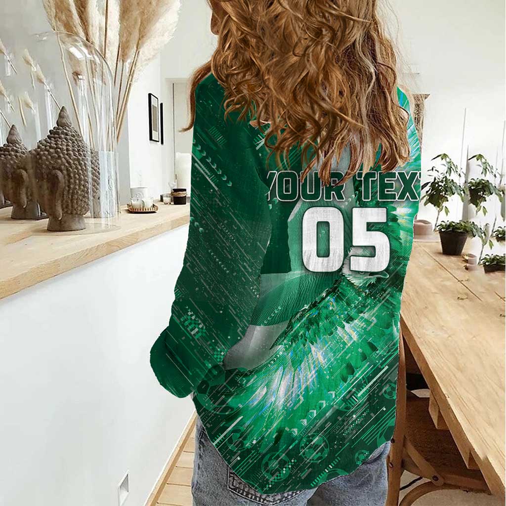 Custom Saudi Arabia Football Women Casual Shirt Eagle With Desert Glitch Cyberpunk Art