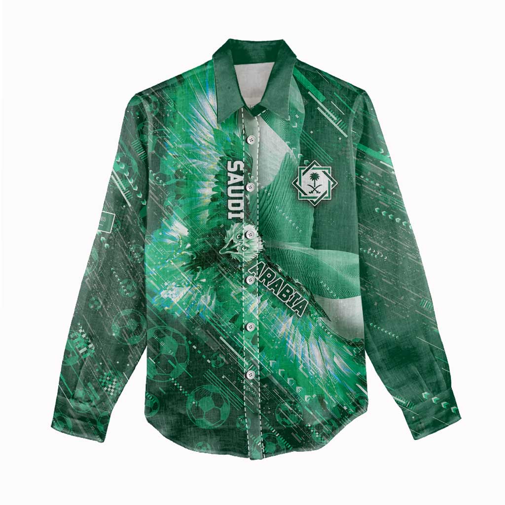 Custom Saudi Arabia Football Women Casual Shirt Eagle With Desert Glitch Cyberpunk Art