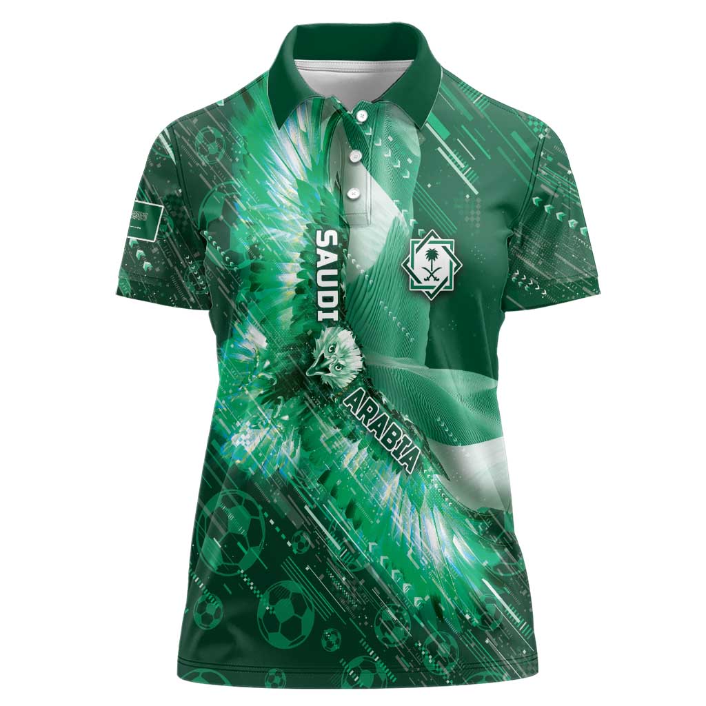 Custom Saudi Arabia Football Women Polo Shirt Eagle With Desert Glitch Cyberpunk Art