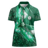 Custom Saudi Arabia Football Women Polo Shirt Eagle With Desert Glitch Cyberpunk Art