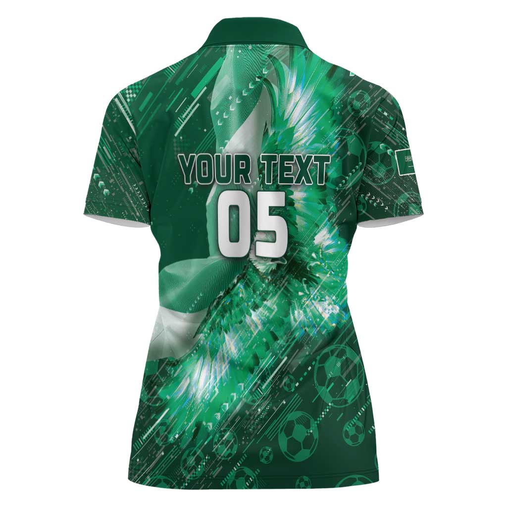 Custom Saudi Arabia Football Women Polo Shirt Eagle With Desert Glitch Cyberpunk Art