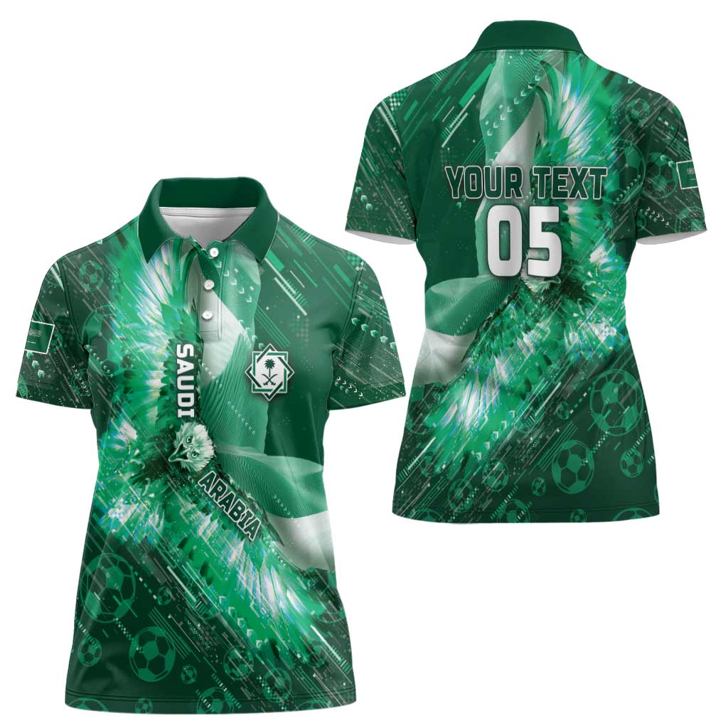 Custom Saudi Arabia Football Women Polo Shirt Eagle With Desert Glitch Cyberpunk Art