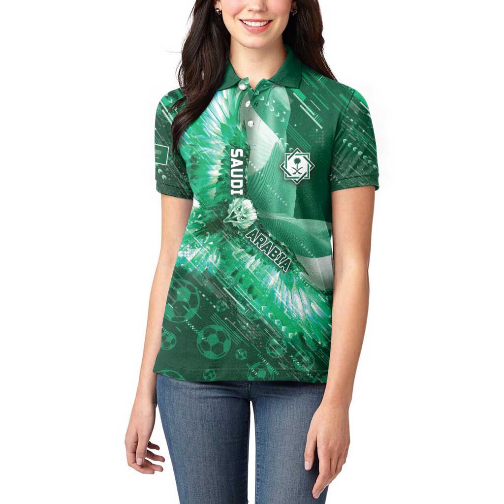 Custom Saudi Arabia Football Women Polo Shirt Eagle With Desert Glitch Cyberpunk Art