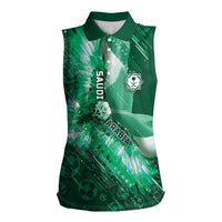 Custom Saudi Arabia Football Women Sleeveless Polo Shirt Eagle With Desert Glitch Cyberpunk Art
