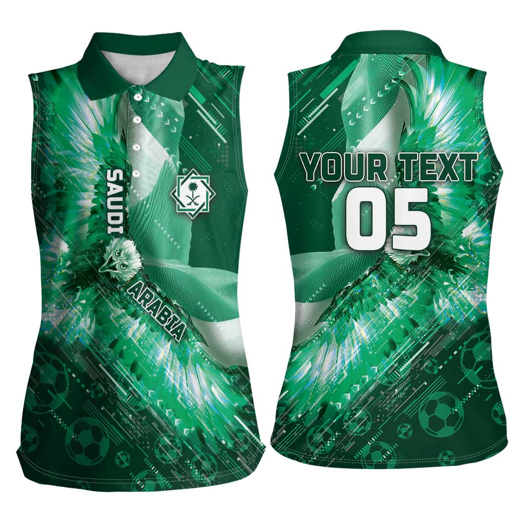 Custom Saudi Arabia Football Women Sleeveless Polo Shirt Eagle With Desert Glitch Cyberpunk Art