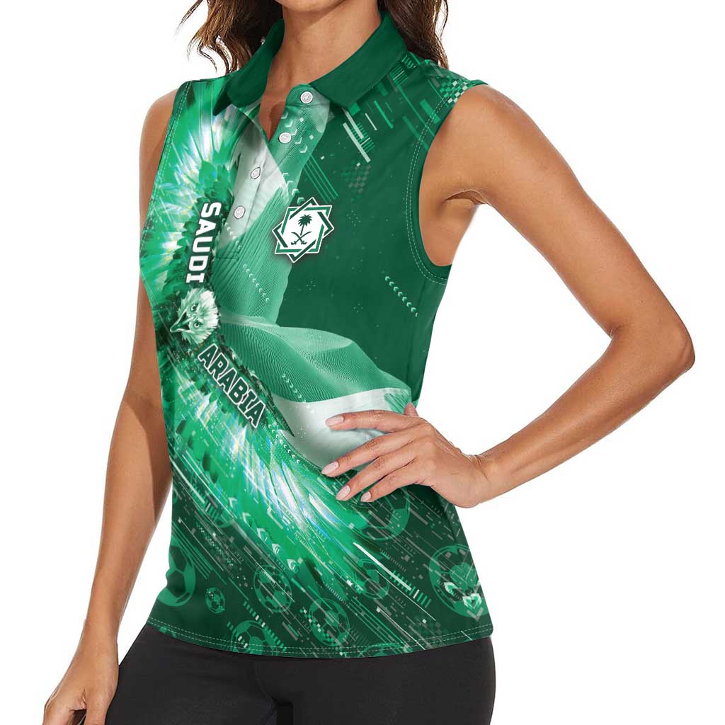 Custom Saudi Arabia Football Women Sleeveless Polo Shirt Eagle With Desert Glitch Cyberpunk Art