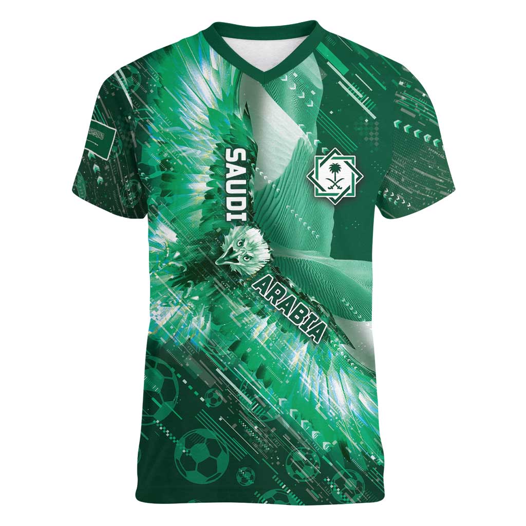 Custom Saudi Arabia Football Women V-Neck T-Shirt Eagle With Desert Glitch Cyberpunk Art