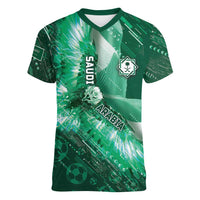 Custom Saudi Arabia Football Women V-Neck T-Shirt Eagle With Desert Glitch Cyberpunk Art