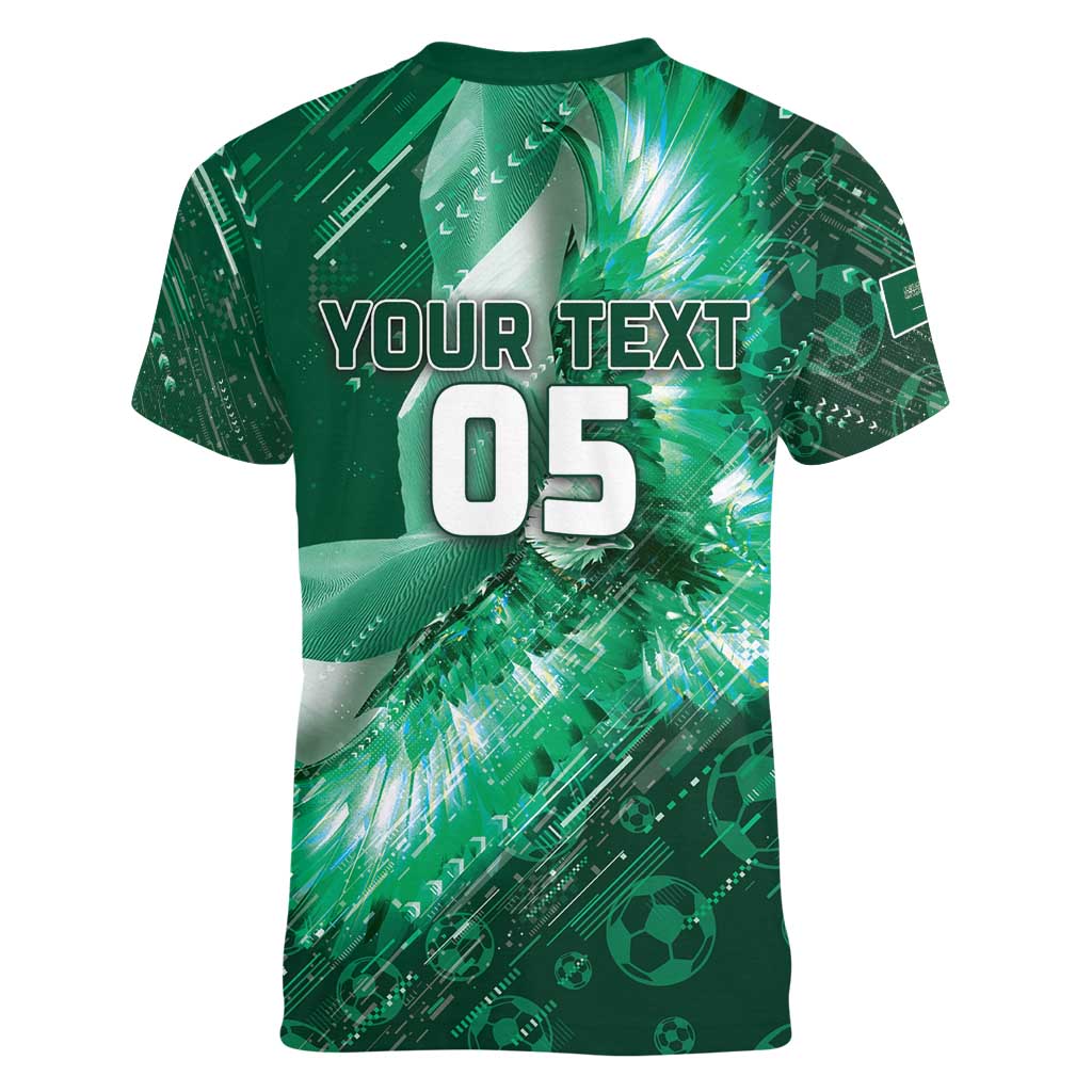 Custom Saudi Arabia Football Women V-Neck T-Shirt Eagle With Desert Glitch Cyberpunk Art