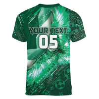 Custom Saudi Arabia Football Women V-Neck T-Shirt Eagle With Desert Glitch Cyberpunk Art