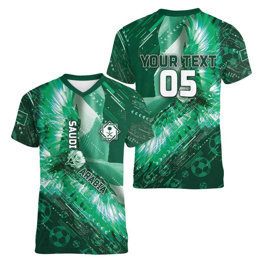 Custom Saudi Arabia Football Women V-Neck T-Shirt Eagle With Desert Glitch Cyberpunk Art