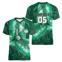 Custom Saudi Arabia Football Women V-Neck T-Shirt Eagle With Desert Glitch Cyberpunk Art