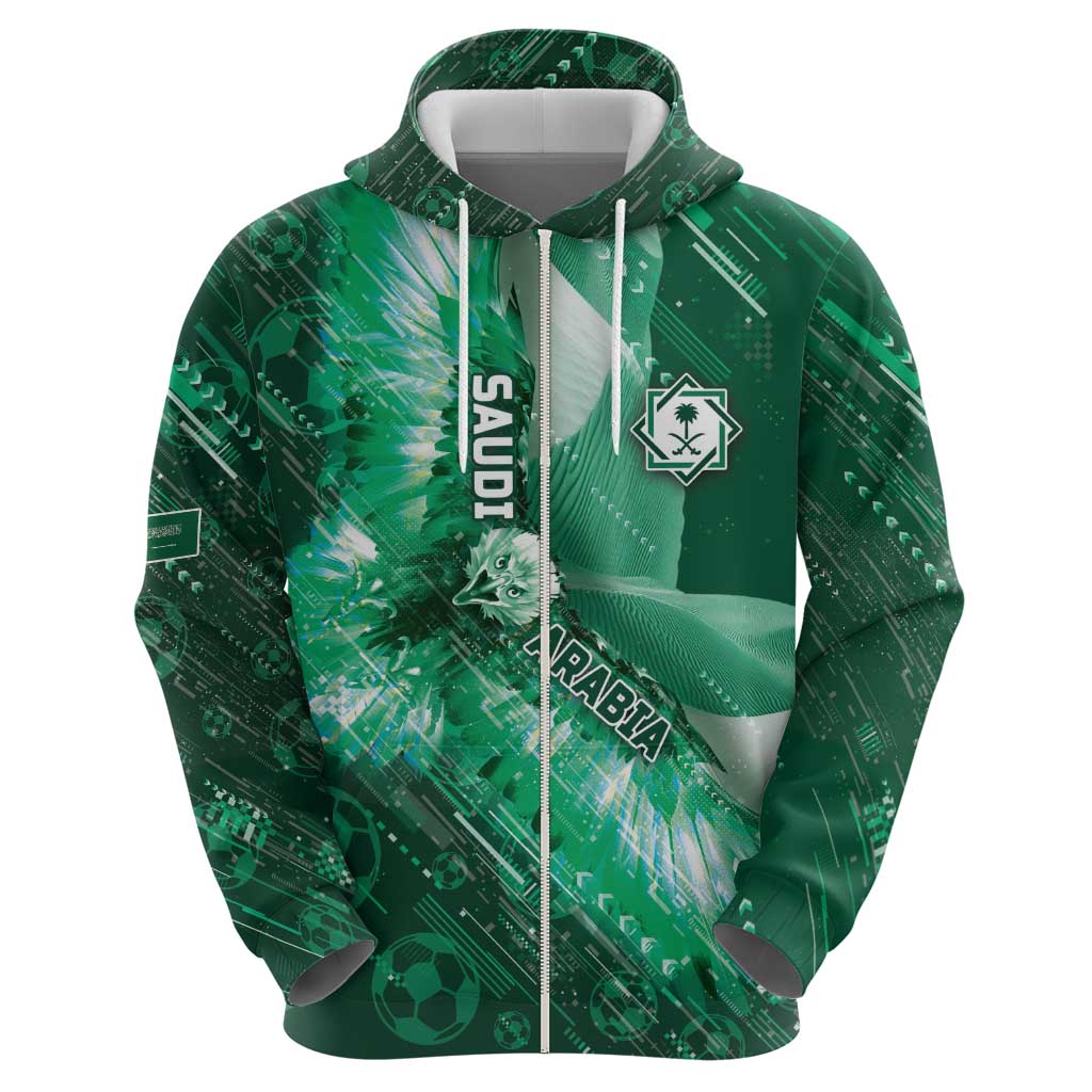 Custom Saudi Arabia Football Zip Hoodie Eagle With Desert Glitch Cyberpunk Art