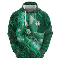 Custom Saudi Arabia Football Zip Hoodie Eagle With Desert Glitch Cyberpunk Art