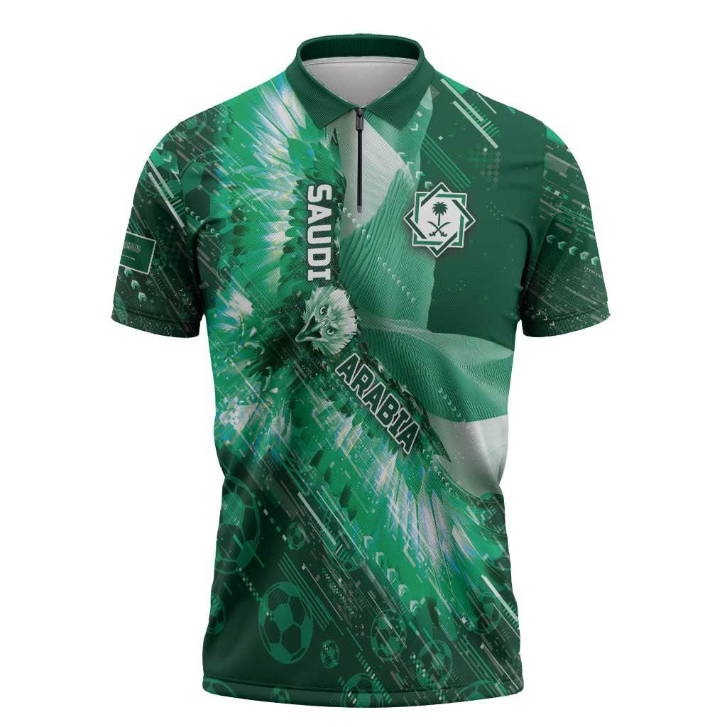 Custom Saudi Arabia Football Zipper Polo Shirt Eagle With Desert Glitch Cyberpunk Art