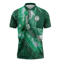 Custom Saudi Arabia Football Zipper Polo Shirt Eagle With Desert Glitch Cyberpunk Art