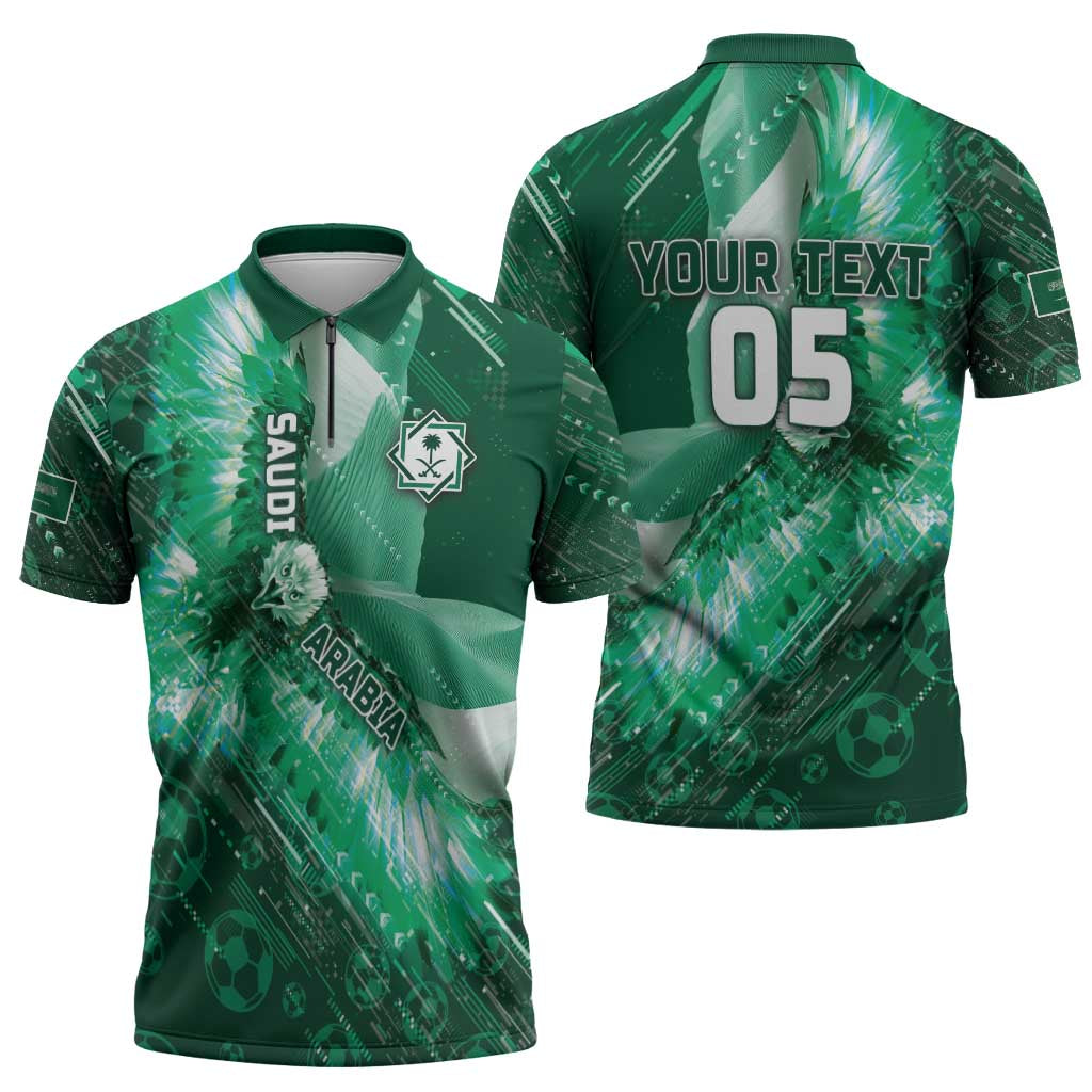Custom Saudi Arabia Football Zipper Polo Shirt Eagle With Desert Glitch Cyberpunk Art