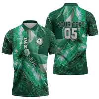 Custom Saudi Arabia Football Zipper Polo Shirt Eagle With Desert Glitch Cyberpunk Art
