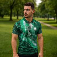 Custom Saudi Arabia Football Zipper Polo Shirt Eagle With Desert Glitch Cyberpunk Art