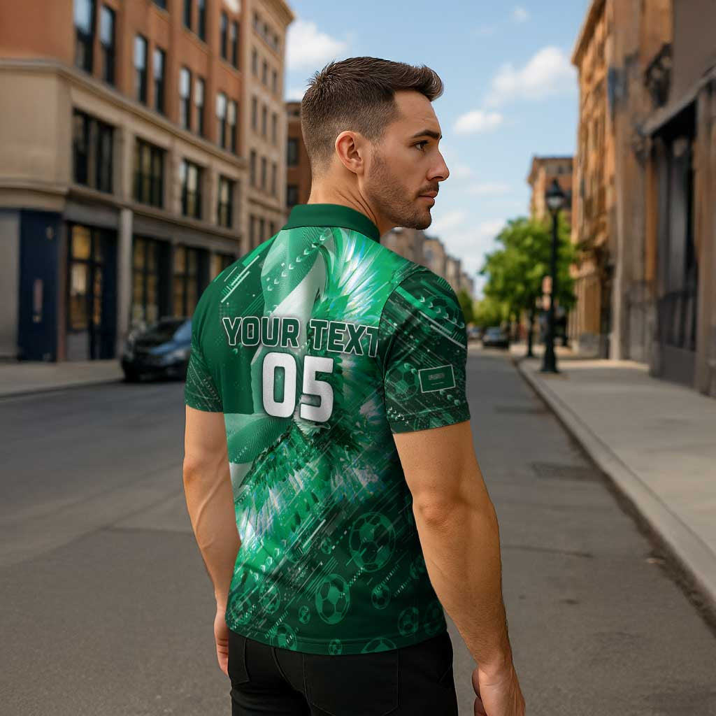 Custom Saudi Arabia Football Zipper Polo Shirt Eagle With Desert Glitch Cyberpunk Art