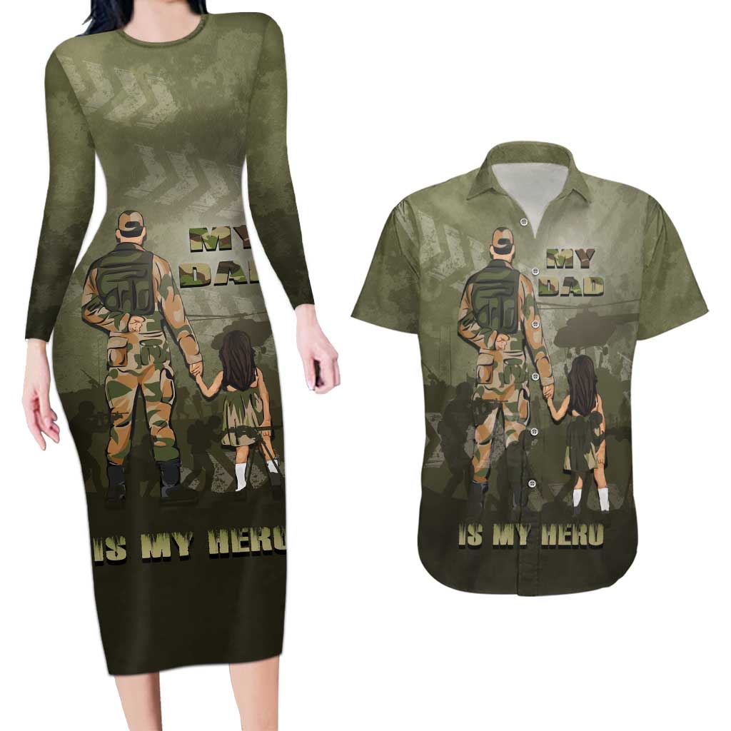 Military Fathers Day Couples Matching Long Sleeve Bodycon Dress and Hawaiian Shirt My Dad Is My Hero