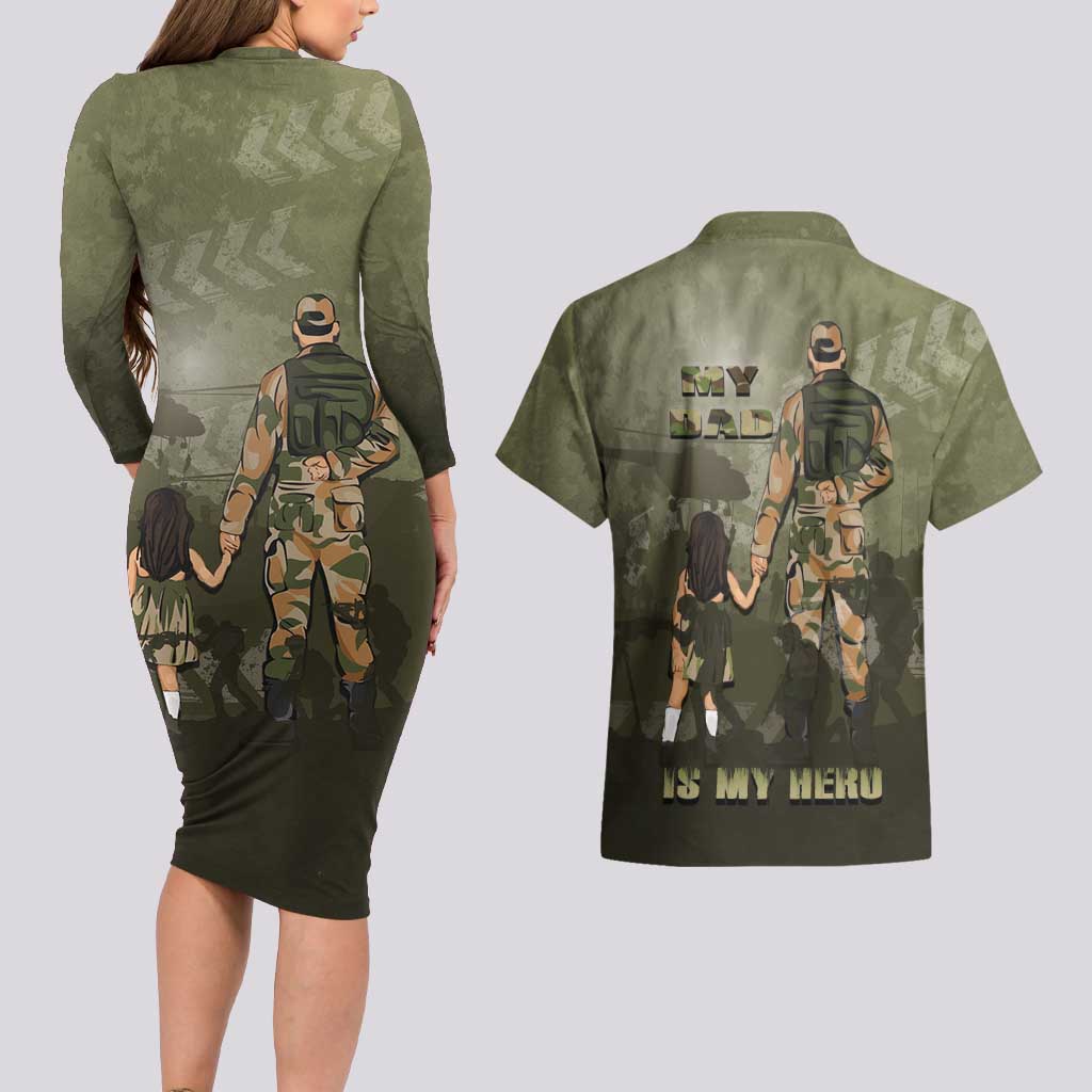 Military Fathers Day Couples Matching Long Sleeve Bodycon Dress and Hawaiian Shirt My Dad Is My Hero