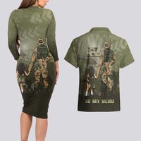 Military Fathers Day Couples Matching Long Sleeve Bodycon Dress and Hawaiian Shirt My Dad Is My Hero