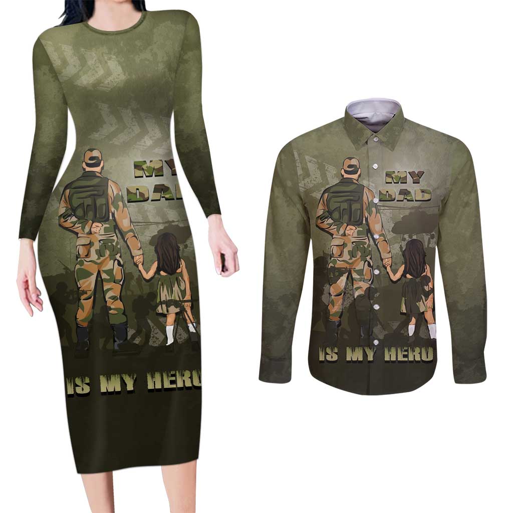 Military Fathers Day Couples Matching Long Sleeve Bodycon Dress and Long Sleeve Button Shirt My Dad Is My Hero