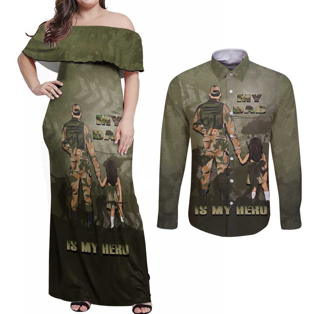 Military Fathers Day Couples Matching Off Shoulder Maxi Dress and Long Sleeve Button Shirt My Dad Is My Hero
