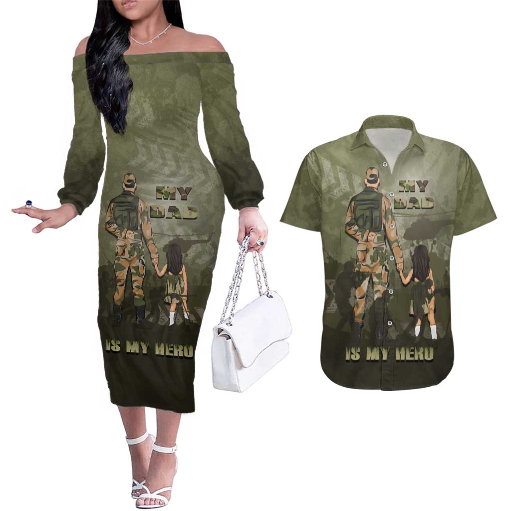 Military Fathers Day Couples Matching Off The Shoulder Long Sleeve Dress and Hawaiian Shirt My Dad Is My Hero