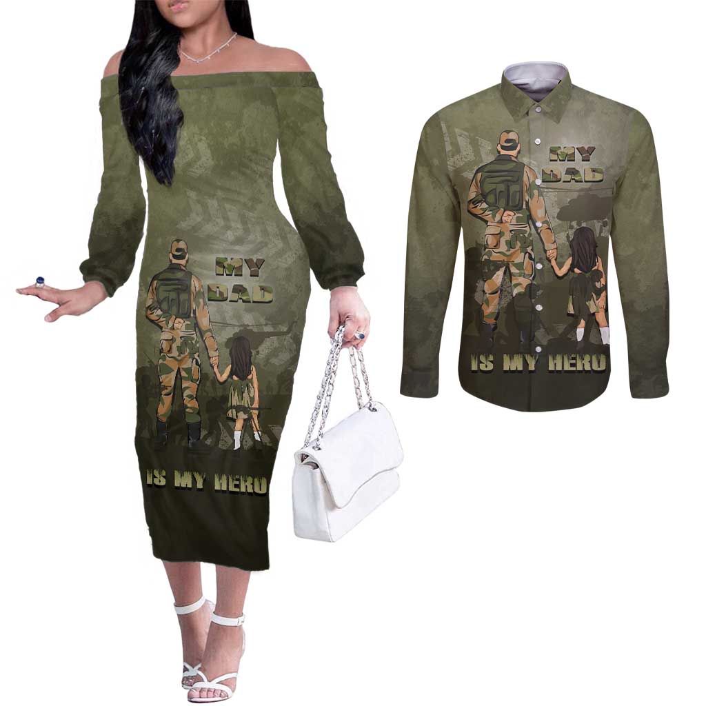Military Fathers Day Couples Matching Off The Shoulder Long Sleeve Dress and Long Sleeve Button Shirt My Dad Is My Hero