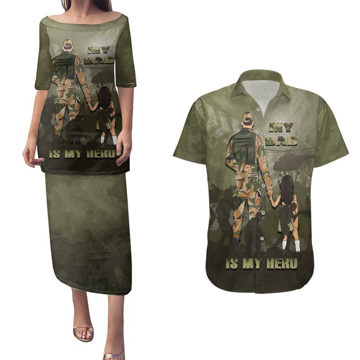 Military Fathers Day Couples Matching Puletasi and Hawaiian Shirt My Dad Is My Hero